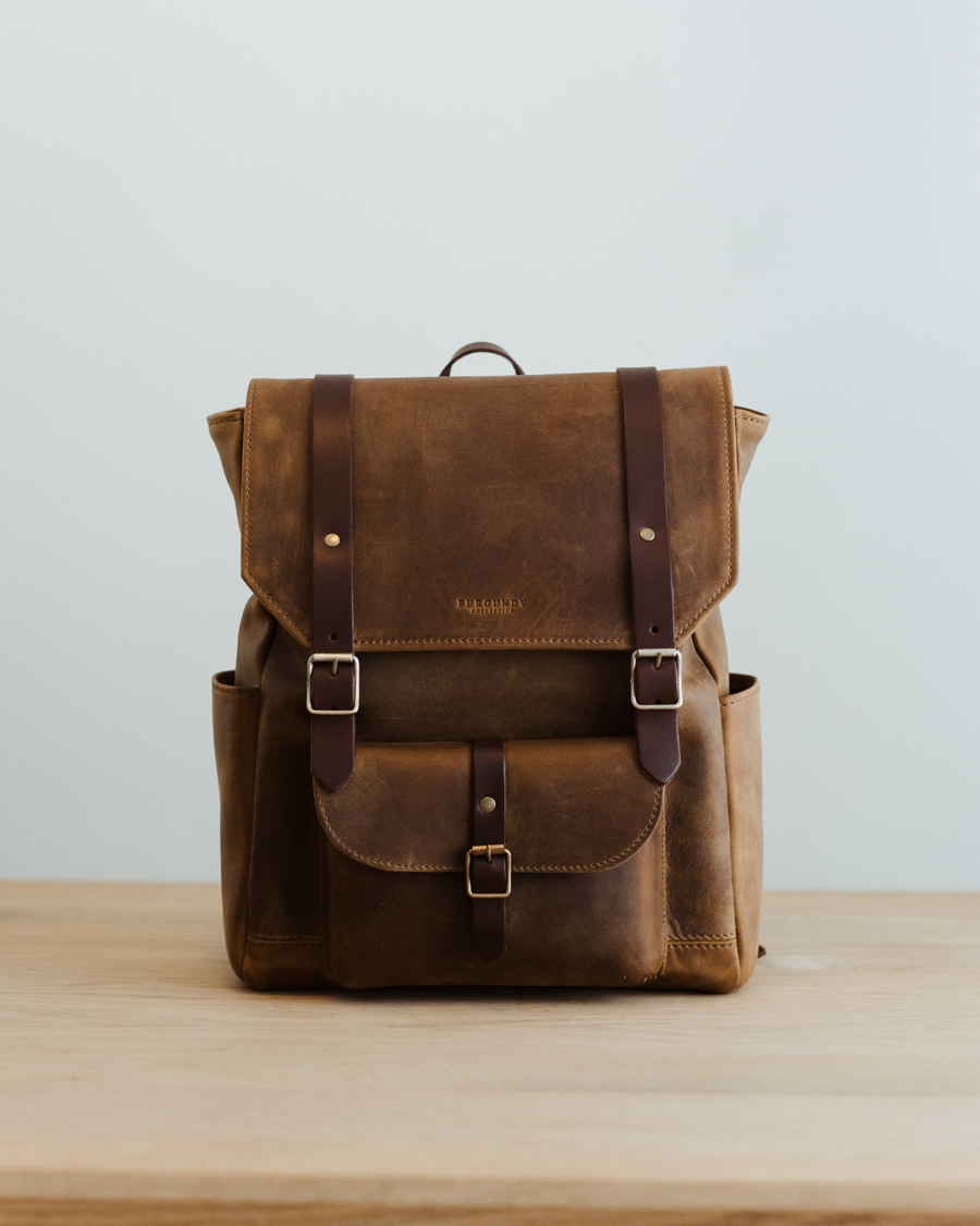 black and burgundy leather backpack The Pioneer Leather Backpack