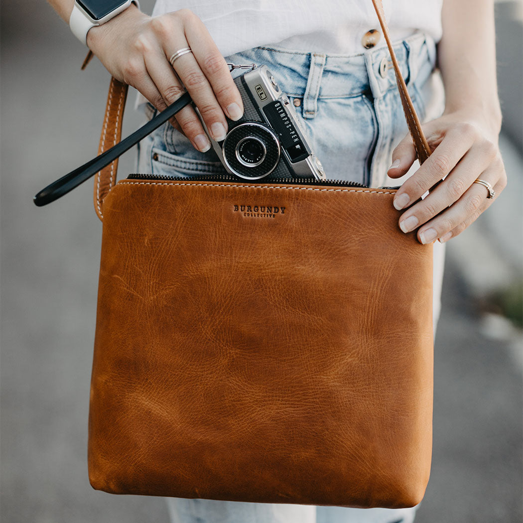 Burgundy leather top crossbody bag